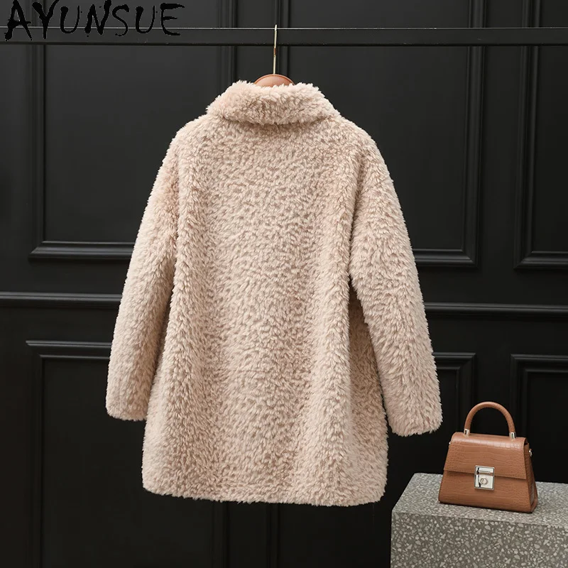 เสื้อโค้ทขนสัตว์แท้ 100% ยี่ห้อ AYUNSUE สำหรับผู้หญิง แจ็คเก็ตขนแกะแท้ เสื้อผ้าฤดูหนาวสำหรับผู้หญิง ขนสัตว์ผสม เสื้อคลุมผู้หญิงแบบใหม่ในหมวดเสื้อผ้าสำหรับสวมทับ