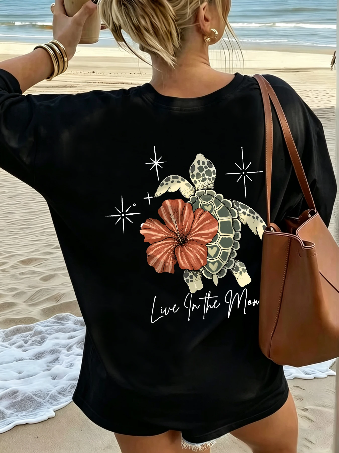【WZM17013】Sommerliches Damen-T-Shirt mit kurzen Ärmeln, in großen Größen erhältlich, lässiger Schnitt, Rundhalsausschnitt, mit Meeresschildkrötenmuster, Plus-Size-Kleidung. – Detail 4
