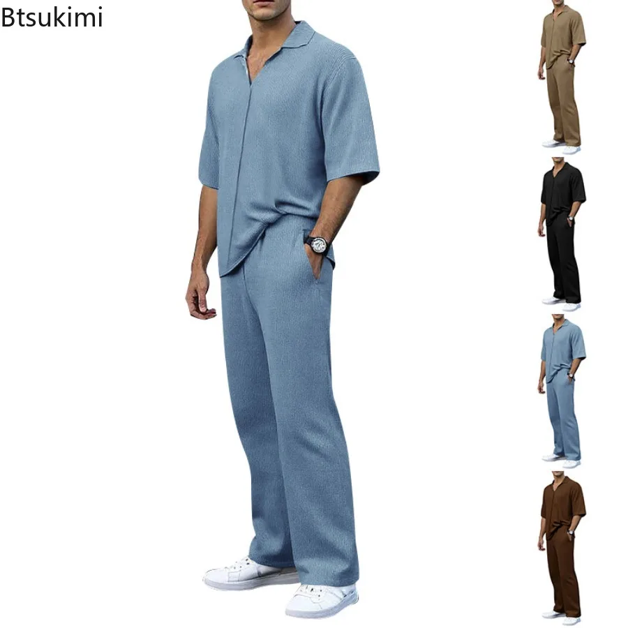 New 2025 Men's Spring Summer Retro Casual Sports Outfit Solid V-neck Half Sleeve Shirt Loose Trousers Two Pieces Beach Suit Male