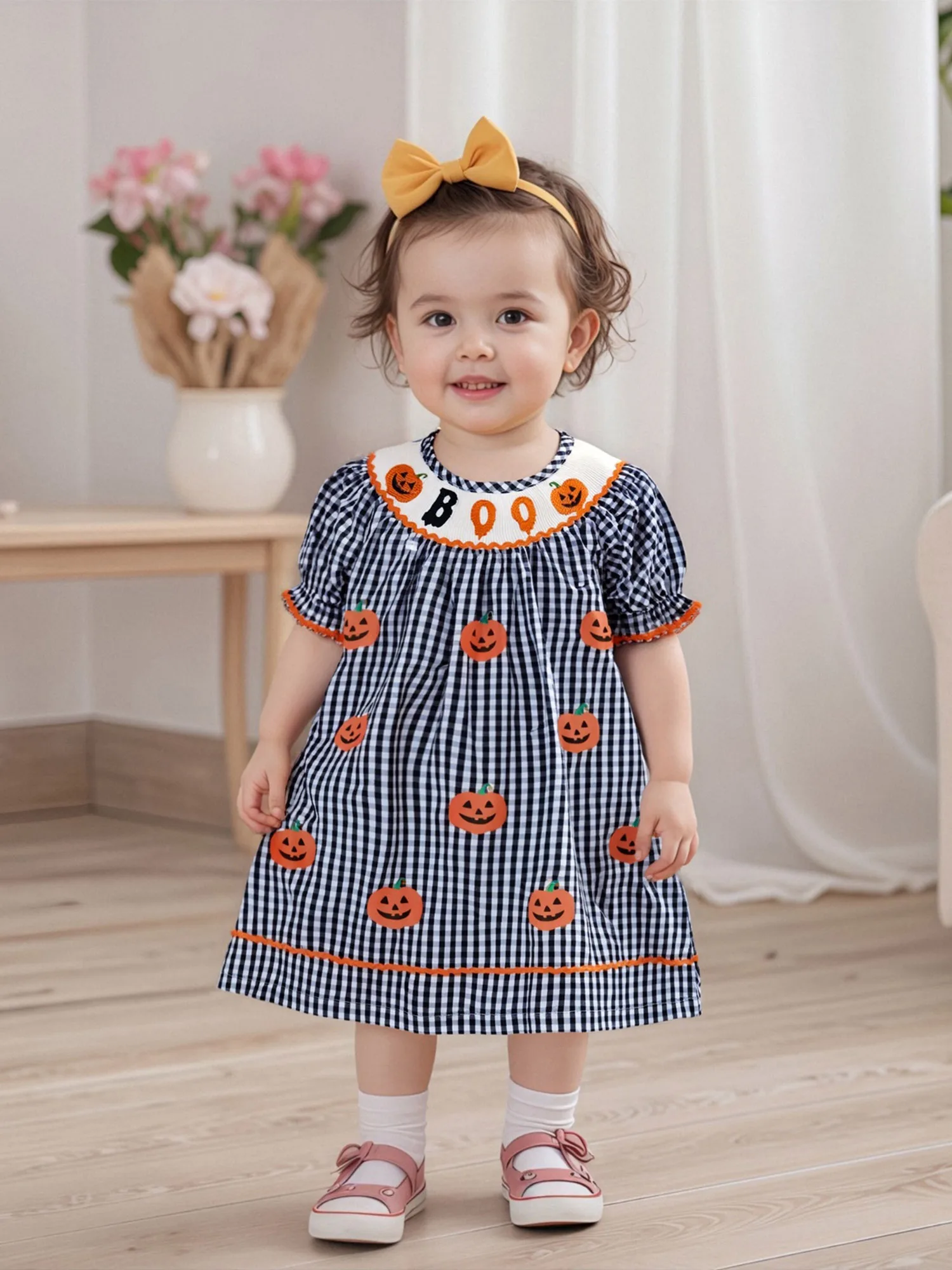 

Toddler Halloween Plaid Dress with Pumpkin Patchwork and Ric Rac Trim Short Sleeve A-line Dress for Girls Adorable Fall