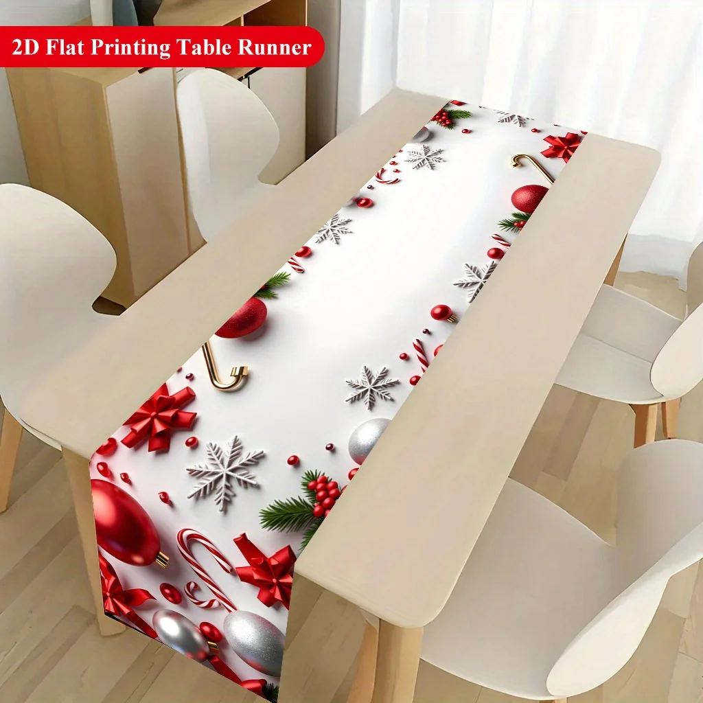 2D‑Printed Red‑White Christmas Element Table Runner, Decor for Dining Table, Coffee‑Table, Gatherings, Indoor‑Outdoor Parties