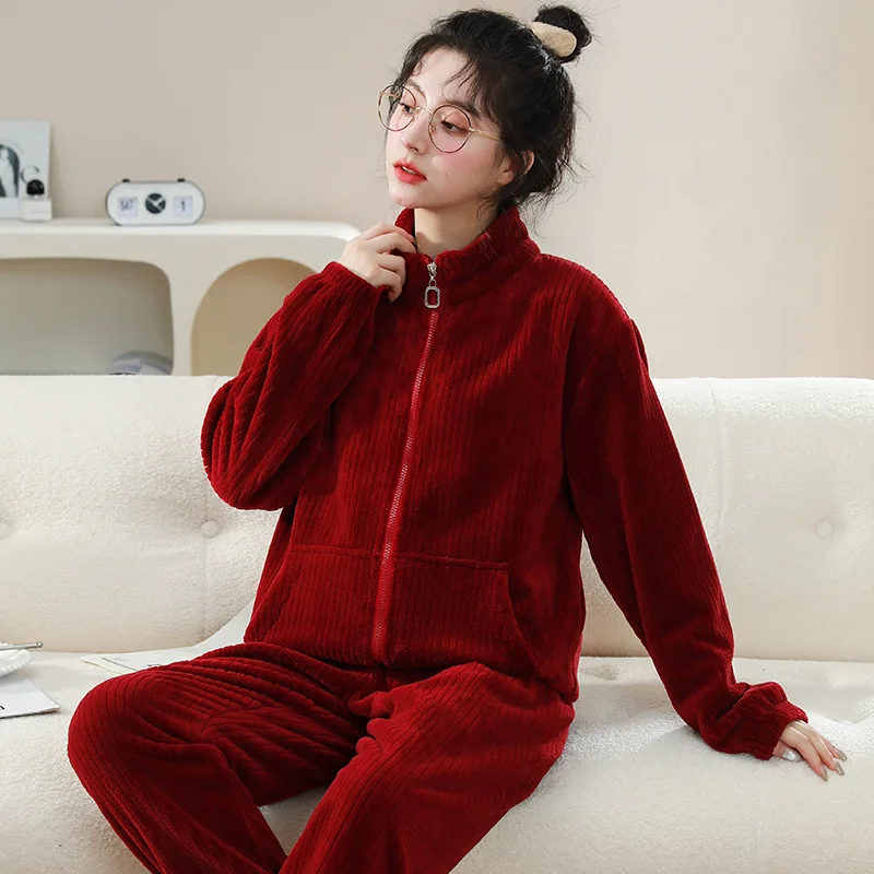 Loose Thickened Warm Home Clothes Sets Flannel Autumn Winter Long Pants Homewear Pajamas