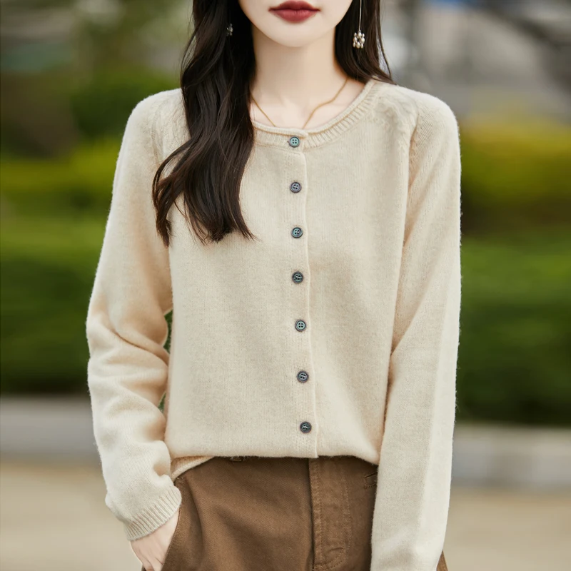 2024 Autumn Winter New Cashmere Sweater Women's Round Neck Cardigan 100% Merino Wool Knitted Solid Color Coat Fashion Korean Top