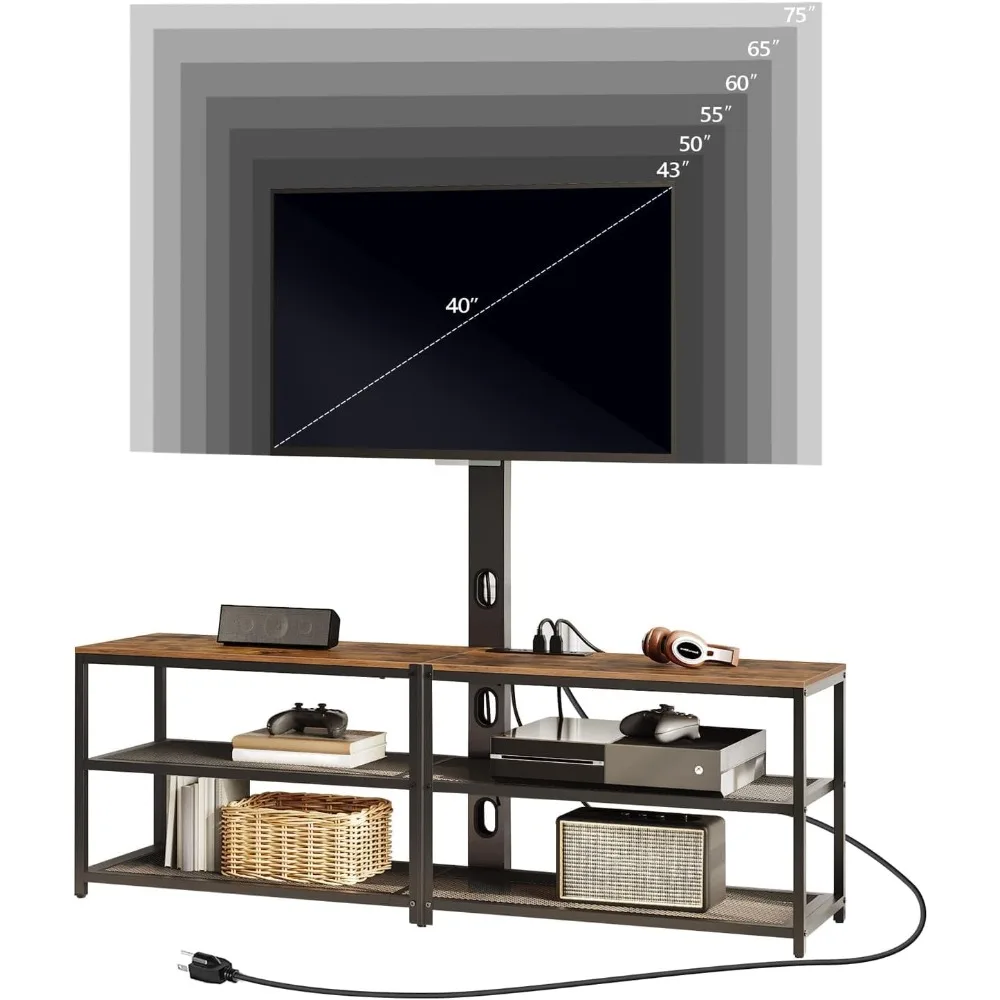 حامل تلفزيون دوار لأجهزة التلفاز مقاس 75 بوصة: مركز ترفيهي مزود بـ 4 منافذ طاقة وحامل