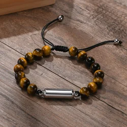 Vnox Dropshipping Cremation Urn Bracelets for Men, Adjustable Tiger Eye Beads Chain Wristband, Pet Family Papa Ashes Holder