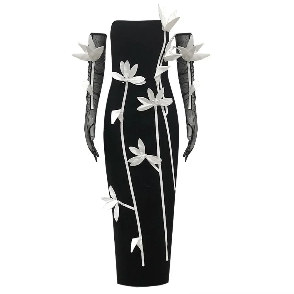 TWOTWINSTYLE Solid Slimming Temperament Midi Dresses for Women Strapless Sleeveless Patchwork 3D Flowers Dress Female Clothing