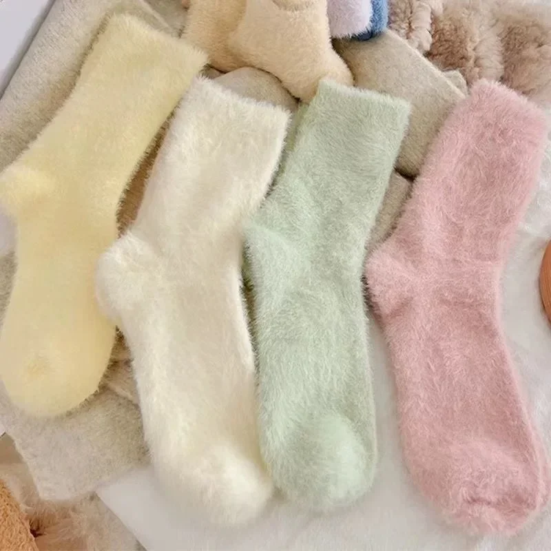 4 Pairs Macaron Color Socks Women Fuzzy Fluffy Slipper Winter Warm Thick Plush Mink Cashmere Mid Calf Home Floor Sleeping Socks