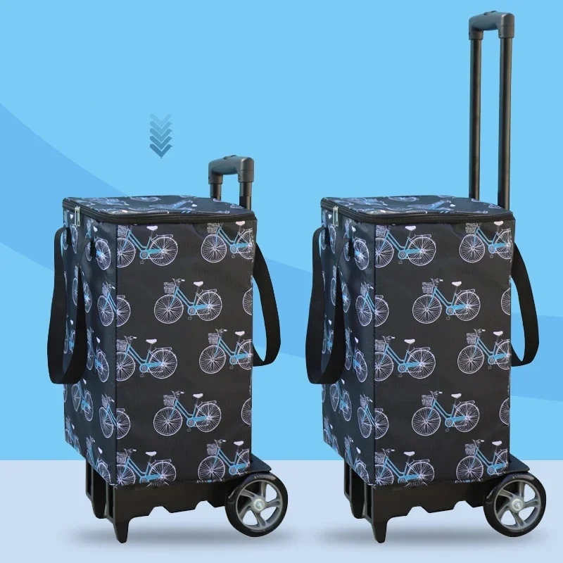 Portable Folding Shopping Cart with Wheels Double Layer Insulated Storage Bag Waterproof Small Trolley Grocery Pull Dolly