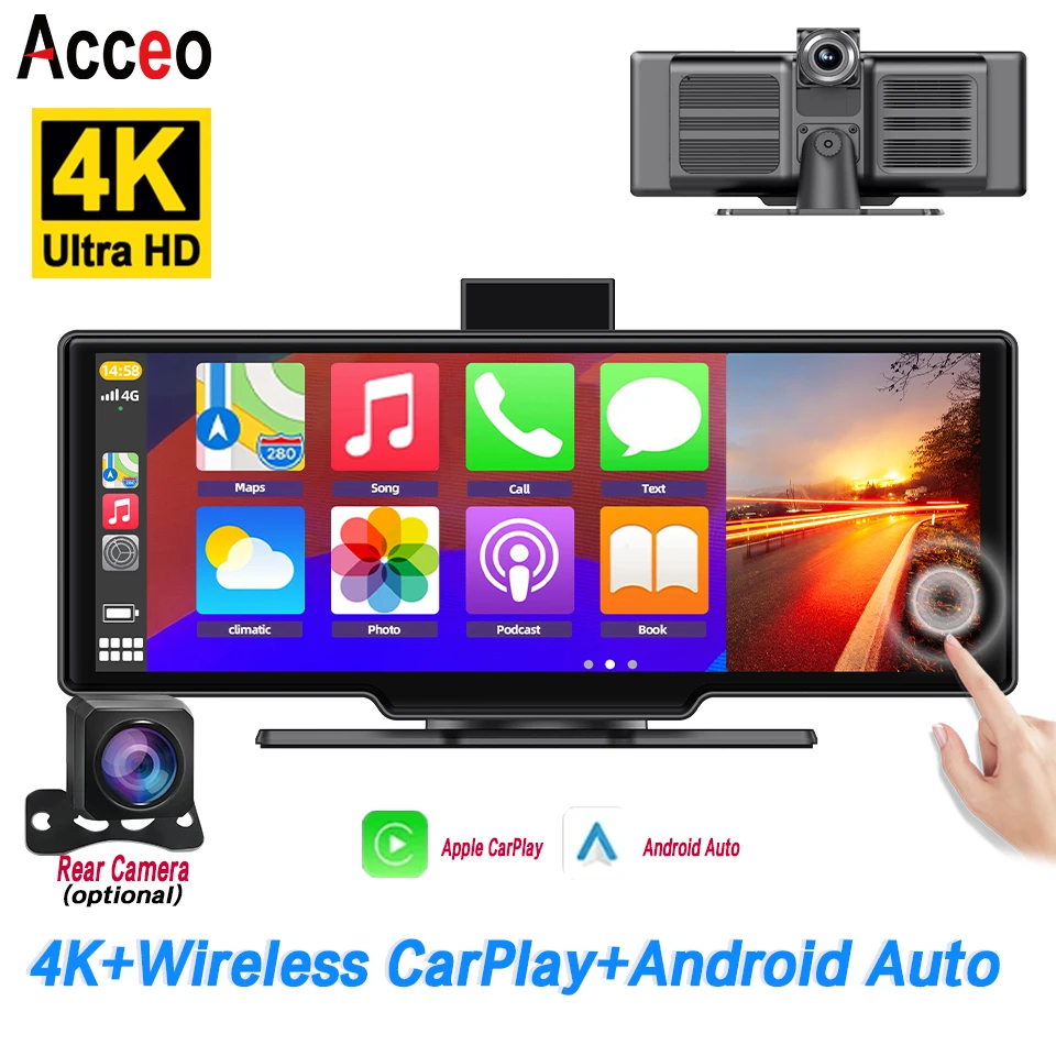 

10,26-дюймовый видеорегистратор с CarPlay и Android Auto, 4K DVR, навигационный плеер, двухкамерный видеорегистратор, 1080P камера заднего вида