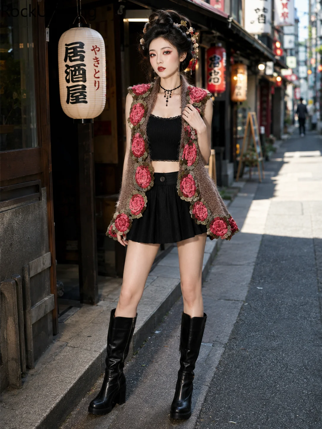 Women Floral Crochet Knitted Vest Vintage 3D Rose Sleeveless Cardigan Y2K Outfit Fuzzy Knit Waistcoat Boho Fairycore Autumn Top