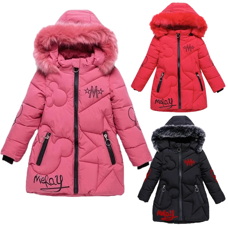 3-12Years Thick Warm Winter Girls Jacket 4 Color Detachable Hat Fur Collar Heavy Hooded Outerwear For Girl Kids Windbreaker Coat