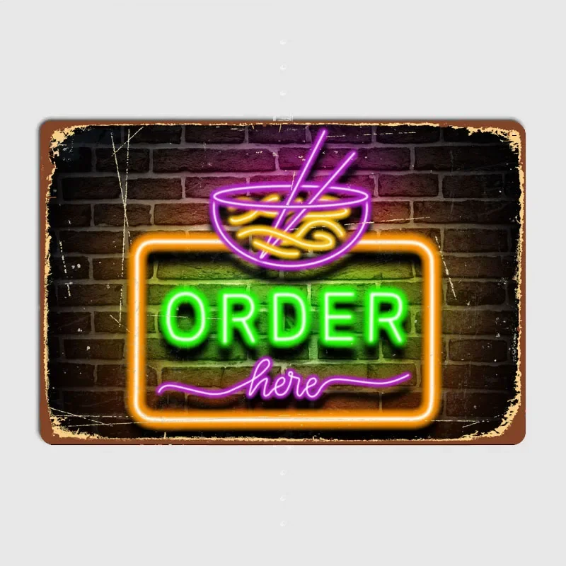 

Order Here Neon Classic Retro Poster Metal Sign Posters Bar Wall Art Garage Room Decoration Vintage Home Decor