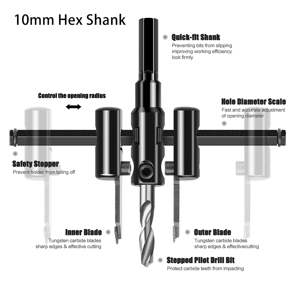 Adjustable Plane Type Wood Hole Opener 10mm Hex Shank DIY Hole Cutter for Wood Panel Drilling Woodworking Tool