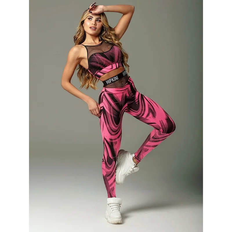 

Krismile 2026 Stylish Pink Mesh Split-Joint Letter Print Tanks Tops&high Waist Leggings Sporty Training Women Yoga Suit 92105