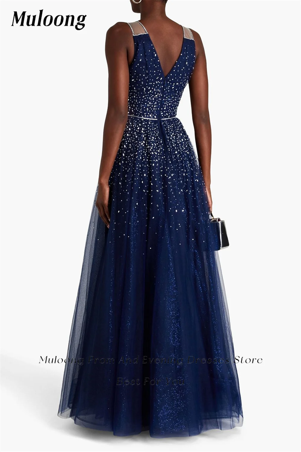 Muloong Navy Blue V Neck Maxi Dress Pleated Floor Length Classic Evening Dress 2023 Crystal Saudi Aribia Party Dress for Women