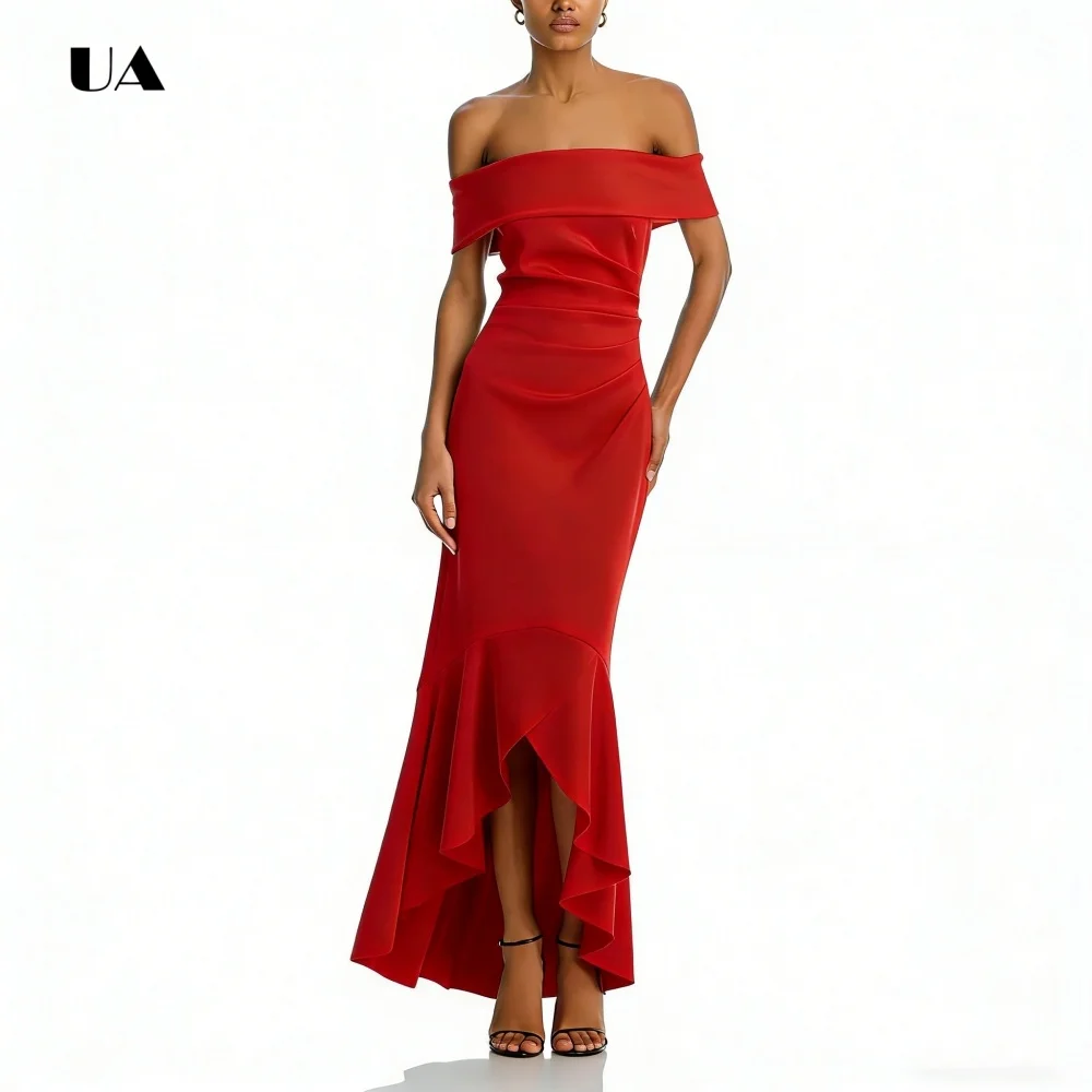 Robe de bal sirène Simple avec épaules dénudées, robes de soirée en Satin solide pour femmes, robe de soirée classique personnalisée Hi-lo