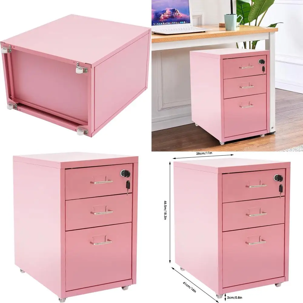 

Розовый металлический вертикальный шкаф для документов на 4 колесах с 3 выдвижными ящиками и возможностью размещения под столом, с замком