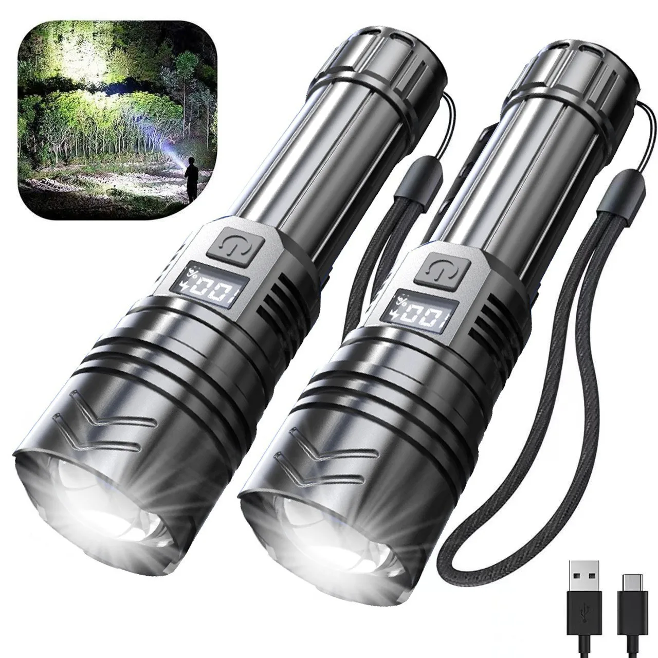 2pcs P800 High Power Led Flashlight Zoom Torch Light USB Rechargeable Lamp Outdoor Tactical Lantern Work Light Camping Fishing