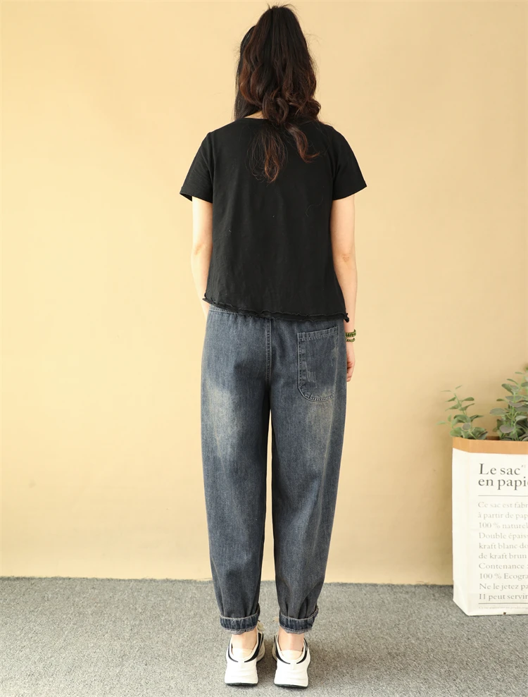 Calça jeans bordada feminina, pasta retrô de desenho animado menina, remendo oversize solto, fivela de borda crua, calça harém cortada, primavera