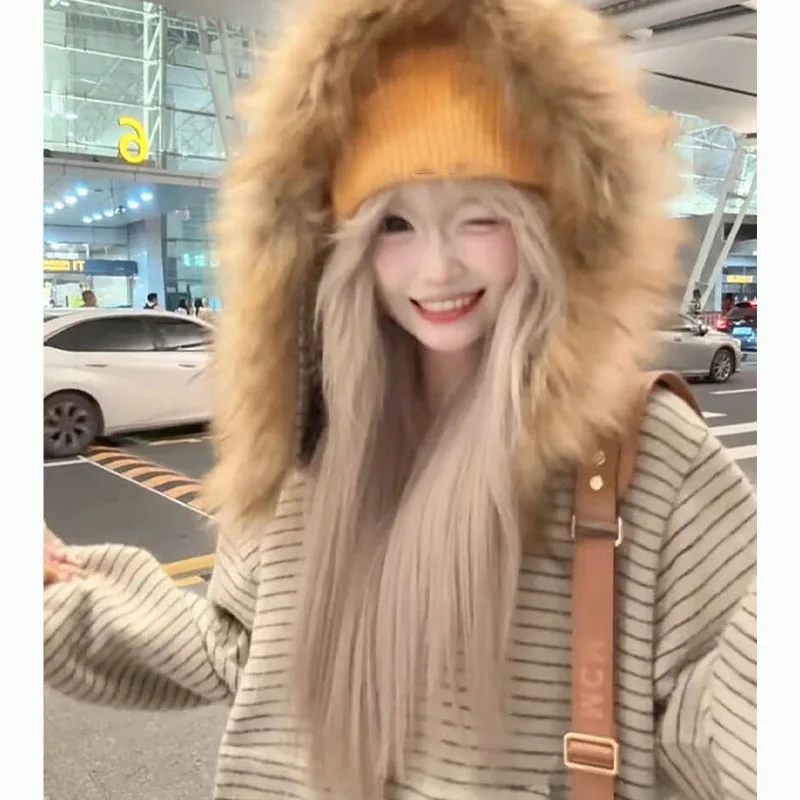 

American Vintage Fashion Fur Collar Cardigan Jacket Girls Autumn Winter Loose Velvet Striped Hooded Zipper Sweatshirt Streetwear