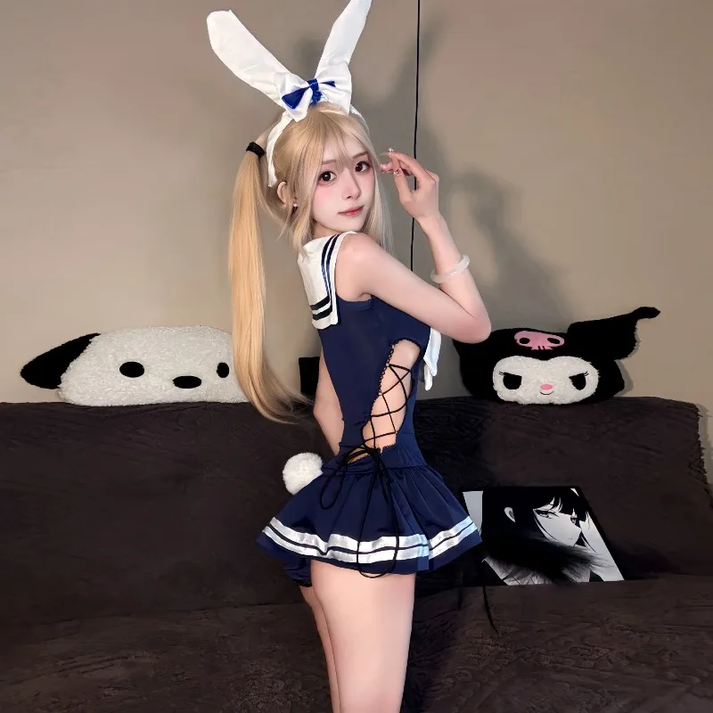 

Campus Bunny Girl Cosplay Costume Sexy Lingerie Strappy Jumpsuit Dress Jk School Uniform Sailor Suit Temptation Role Play Outfit