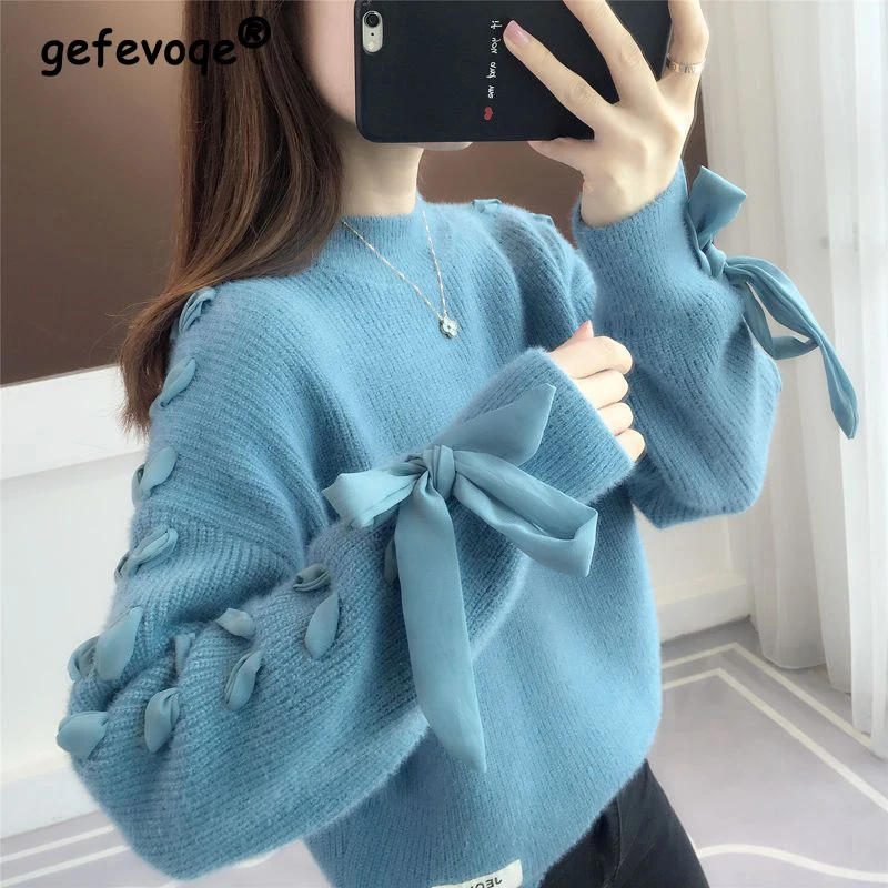 Autumn Winter Half High Collar Bow Lace Up Loose Casual Sweater Ladies Solid Color All-match Knitting Jumper Top Women Pullover