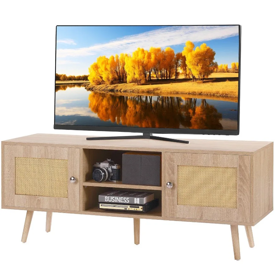 

Rattan TV Stand Boho TV Cabinet for 55 inch TV Mid Century Modern TV Stand Rattan TV Console with Adjustable Shelfs for Living