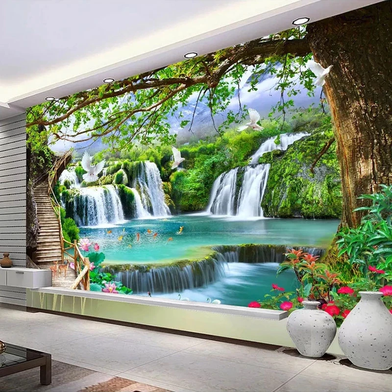 Customized Green Big Tree Waterfall Nature Landscape 3D Photo Wallpaper Mural Living room TV background wall bedroom restaurant