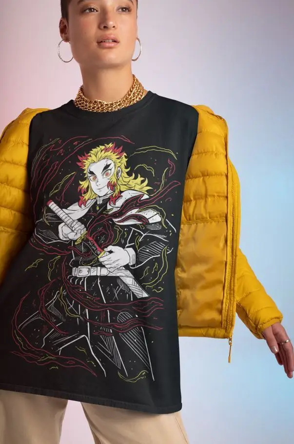 Camiseta Kyojuro Rengoku Kimetsu no Yaiba Anime Demon Slayer Camisa preta todos os tamanhos