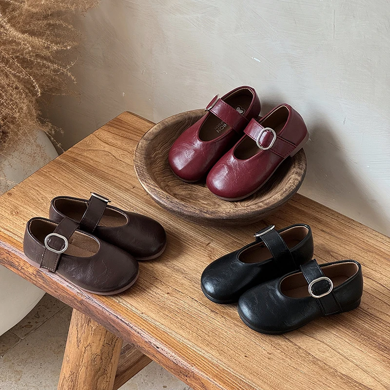 

Осенние туфли на плоской подошве для девочек, шикарная детская обувь с круглым носком и крючками, однотонная нескользящая повседневная детская обувь на каждый день, От 3 до 12 лет