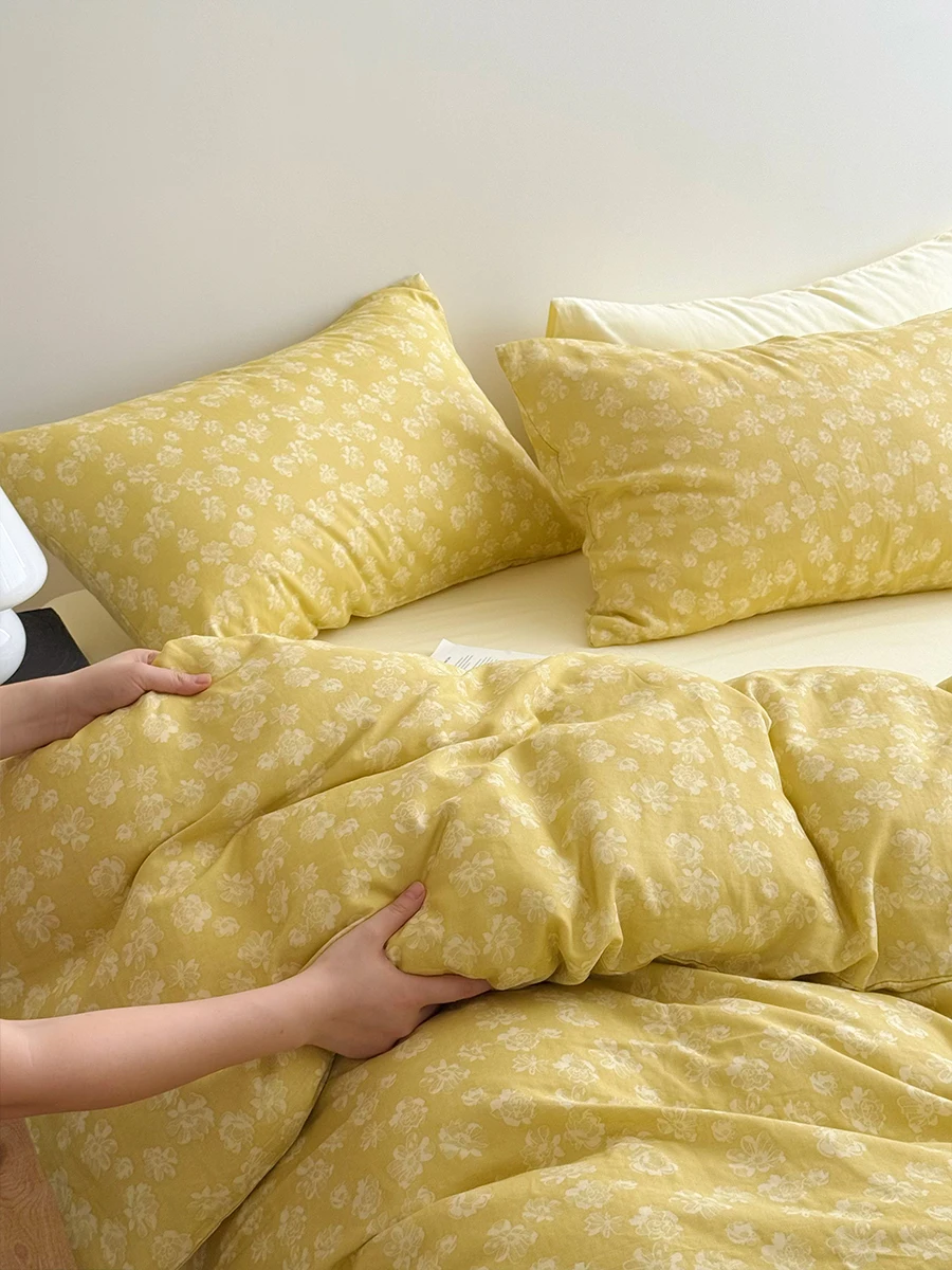 

Pure Cotton Double Layer Stelling Yellow Flower Dormi Single Bed Quilt Cover Four Piece Set Comfortable Skin Friendly