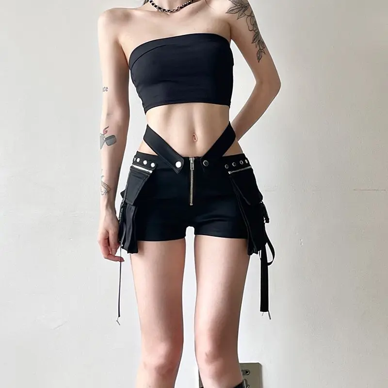 2024 New Model Zipper Pocket Women'S Punk Low-Slung Shorts Detachable Belt Pockets Handsome Sexy Female Denim Short Pants Summer