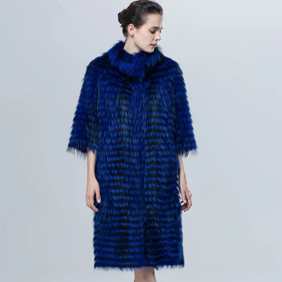 Free Shipping Women Long Striped Style Royal Blue Long Real Sliver Fox Fur Coat