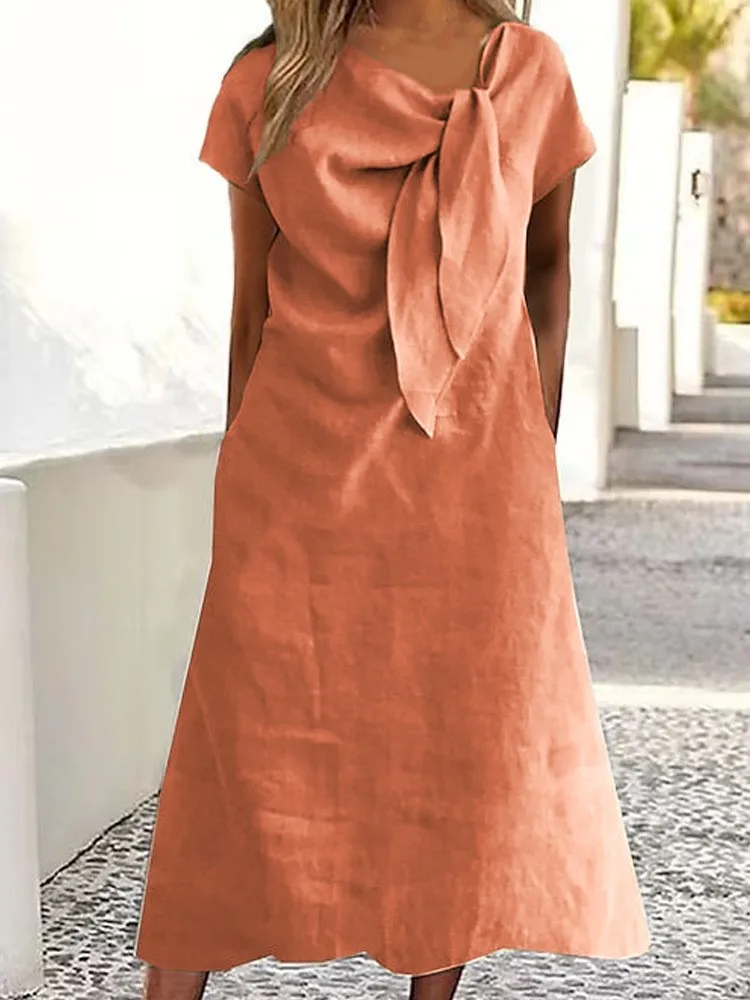 

2025 Spring Summer Elegant Solid Color Cotton Linen Long Dresses Women Fashion Casual Pocket Loose Party Dress Clothes Ladies