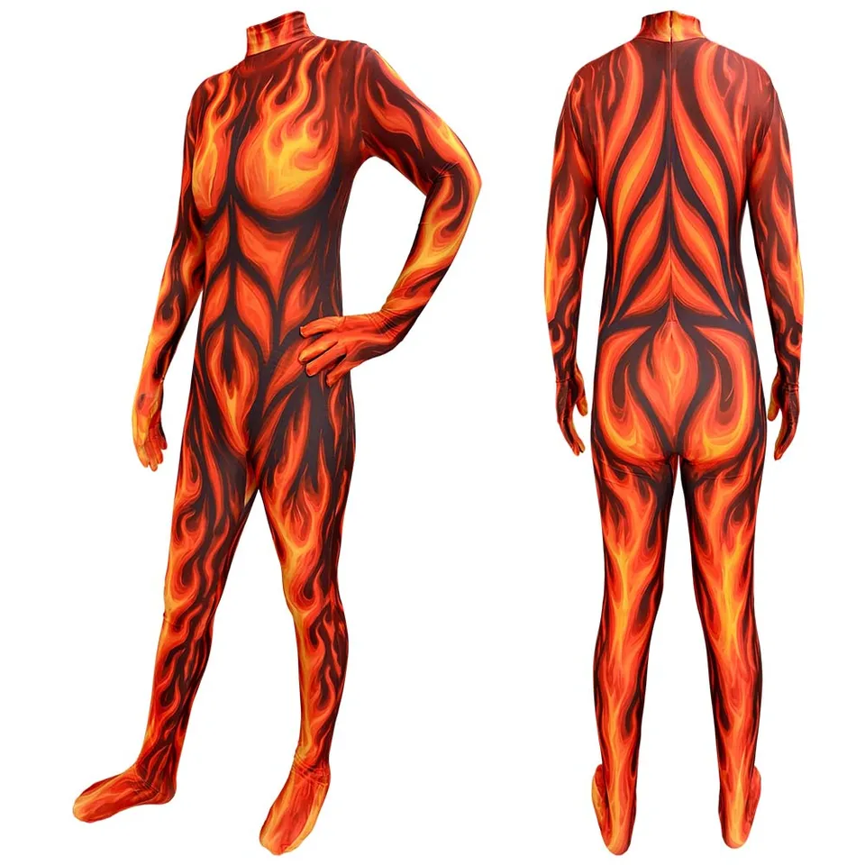 Body de cuerpo entero con estampado realista de llamas de fuego, unisex para adulto, disfraz de demonio para Halloween 3
