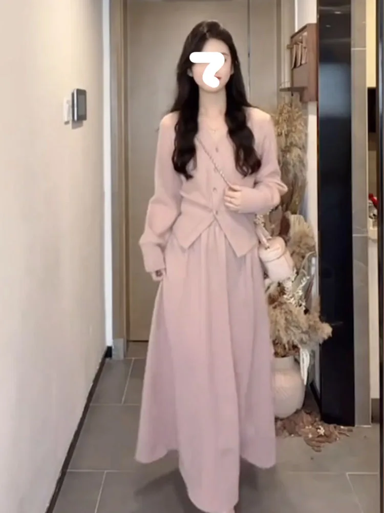 

plus Size Women's Casual Faion Knitted Slim Fit Open Cardigan And Loose Midi Skirt Two Piece Set V Ne Button Closure