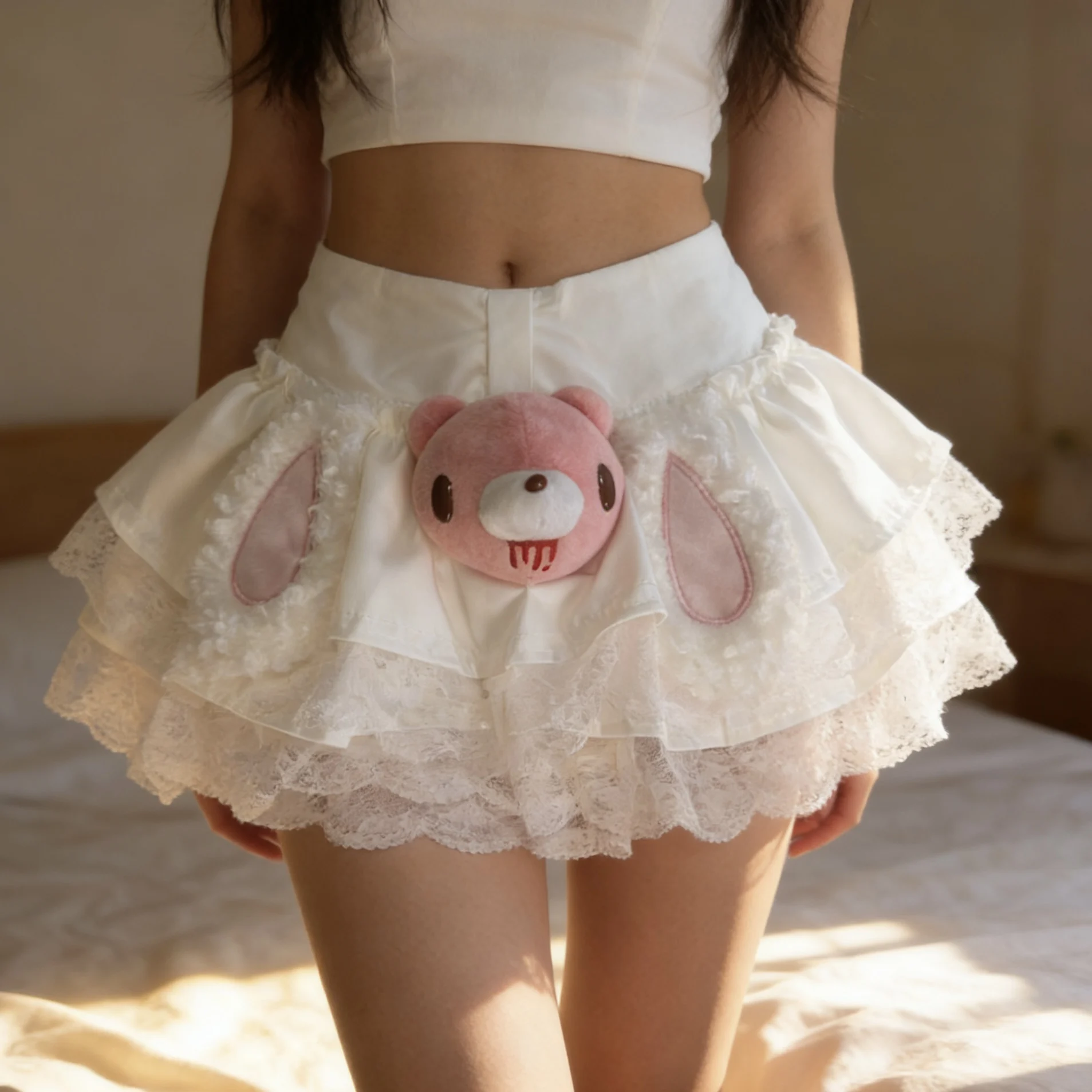 White Lace Ruffle Mini Skirt with Cute Pink Bear & Bunny Ears – Kawaii Lolita Style for Sweet Outfits