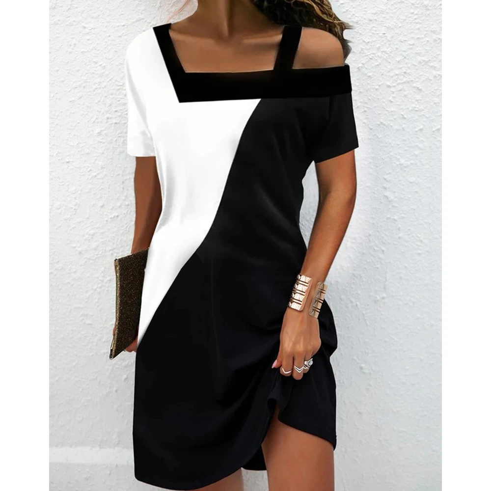 Zomer Elegante Vrouwen Asymmetrische Hals Colorblock Jurk Femme Casual Korte Mouw Mini Jurk Een Lijn Vestidos Streetwear