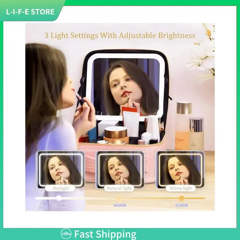 

Travel Makeup Bag Cosmetic Bag Makeup Organizer Bag With Mirror Make Up Case Of 3-Color LED Lighted Makeup Train Case-AA98