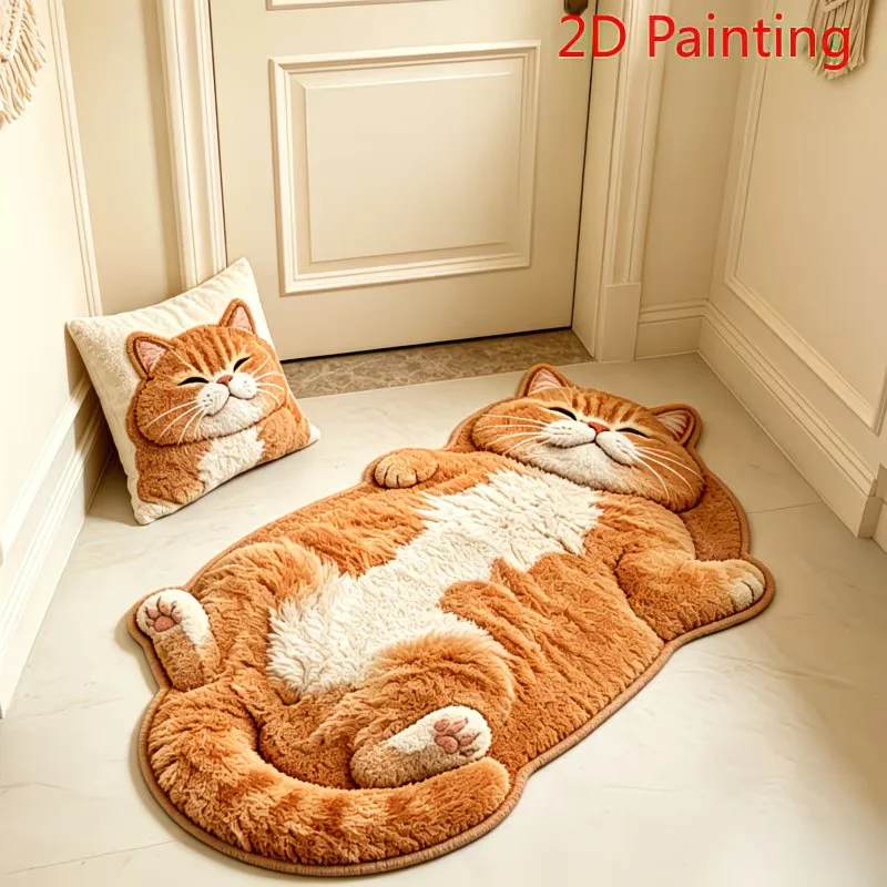 VIKAMA 3D Simulation Fat Cat Shaped Rug Soft Fluffy Long Bedroom Mat Cute Kitten Non Slip Kids Room Floor Decor Carpet