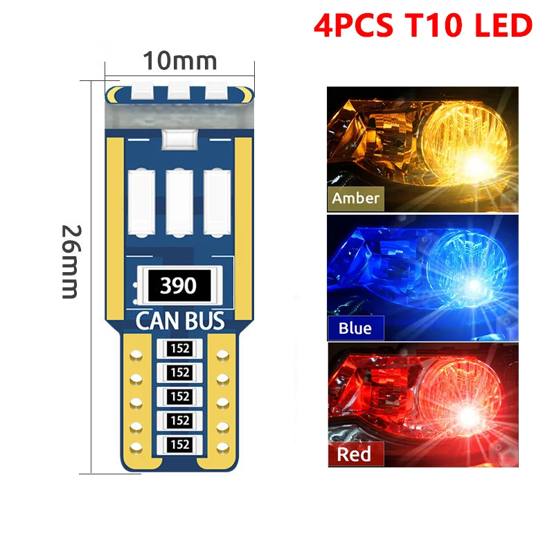 

4PCS Car T10(W5W) LED Width Lights CANBUS No Error Auto License plate Read Bulbs 12V Type Vehicle Signal Lamp 6000K White Yellow