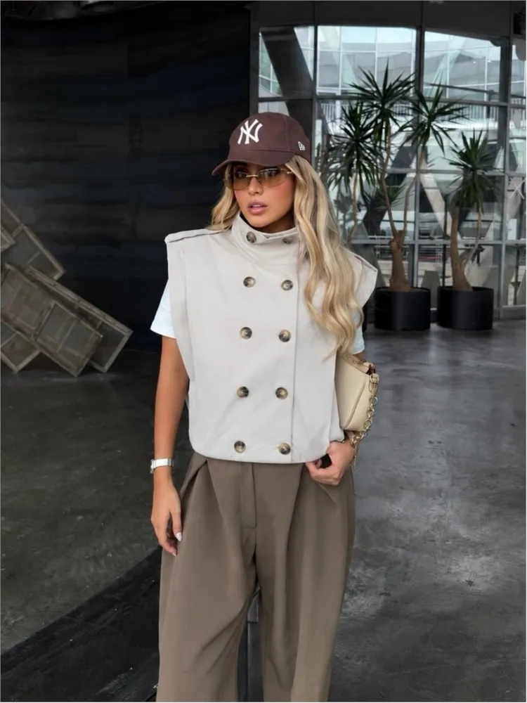 Women's Pleated Waistcoat With Double-Breasted New 2026 Autumn High-Collar Shoulder Tabs Sleeveless Woman Tank Top Female Tops