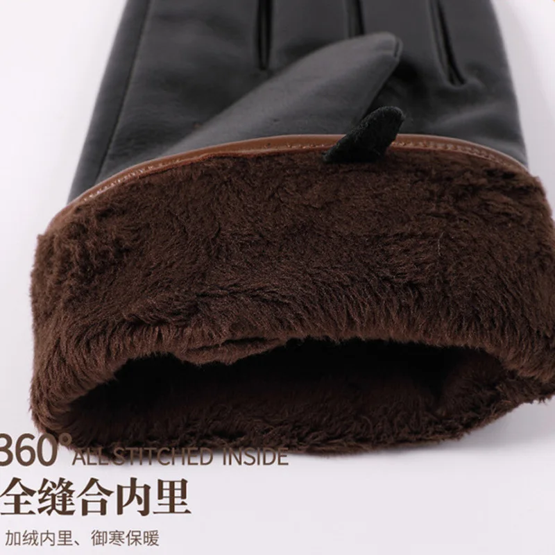 Thickened Sheepskin Leather Gloves for Men, Touch Screen Mittens, Warm, Riding, Motorcycles, Driving, Autumn, Winter