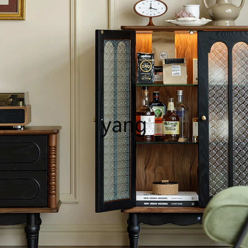 LT French retro glass side cabinet display cabinet solid wood contrasting color black walnut TV side cabinet
