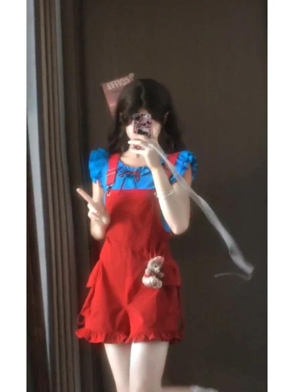 طقم صيفي فضفاض مضاد للشيخوخة باللون الأحمر Dopne Sle مع Flng Sves وسراويل ort مكونة من قطعتين طقم Faion للسيدات #1