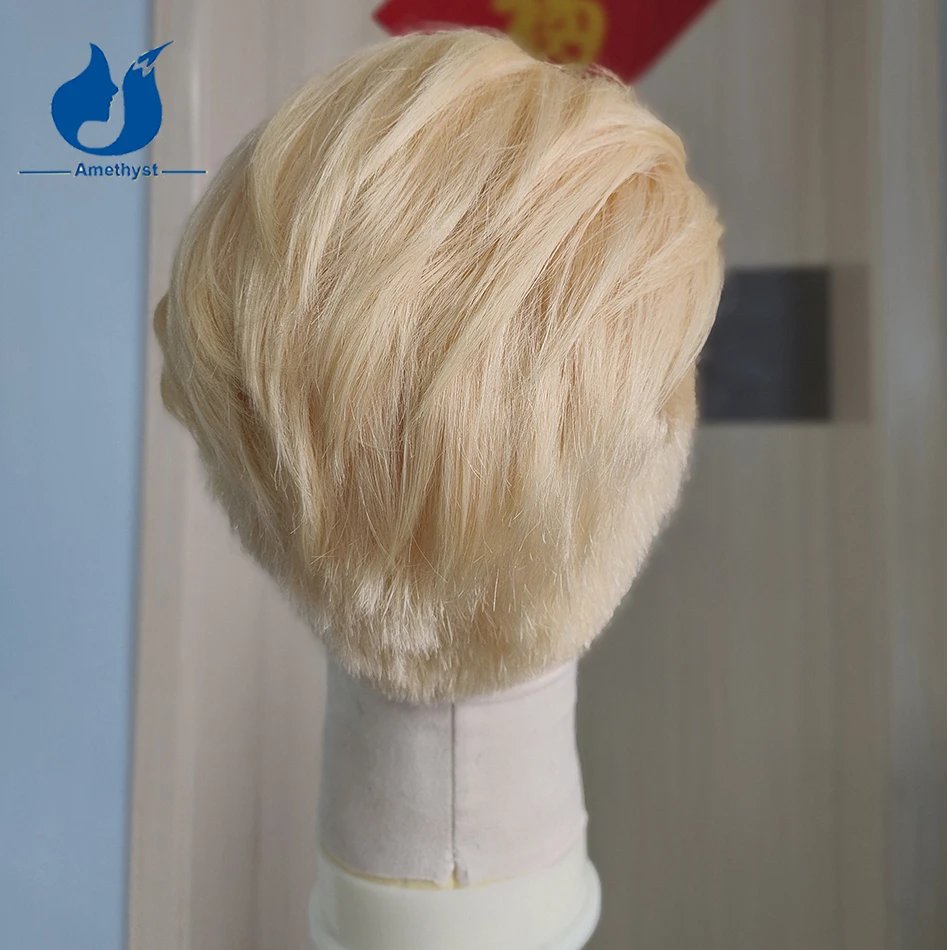 Amethyst Straight Full Lace Wig 613 Blonde Brazilian Remy Hair Pre-Plucked Short Bob Pixie Cut Shaved Boy Style for Men