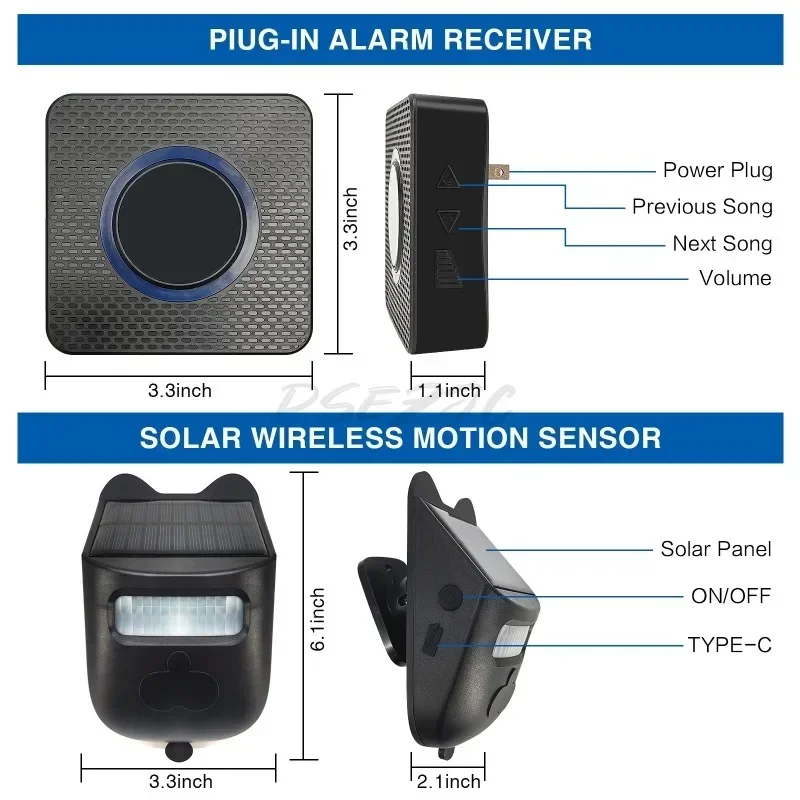 Outdoor Indoor Solar Waterproof Alarm with Digital Display Defense Zone Infrared Sensing Doorbell