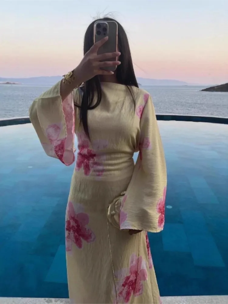 

Fashionable Printed Elegant Flared Sleeve Tie Temperament Long Skirt Women's Autumn High-waisted V-neck Light Mature Style Dress