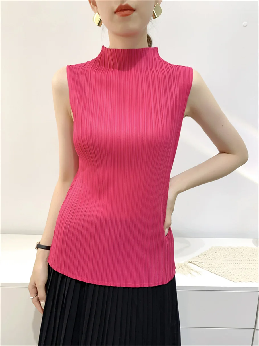 Miyake Summer Outwear Vest Slim High Stretch Pleated Top Half High Neck Sleeveless Comfortable Casual