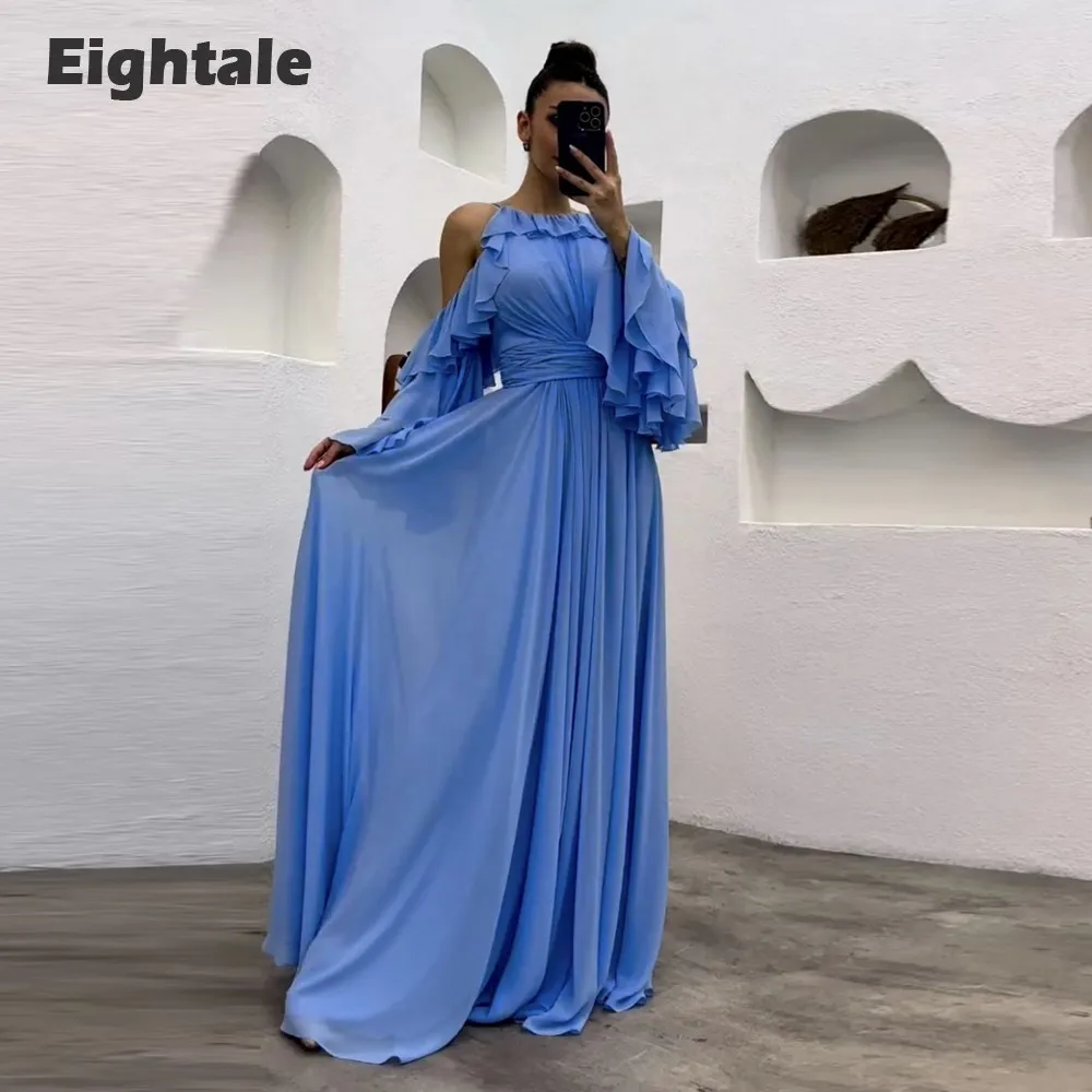 

Eightale Blue Evening Dress A-Line Chiffon Off Shoulder Ruffled Elegant Floor Length Long Sleeves Prom Party Dress Ballkleider